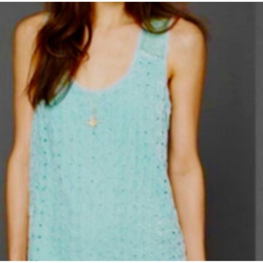 Romantic Free People Seafoam/Aqua Eyelet Mini Dress Beaded Boho Shift Tunic